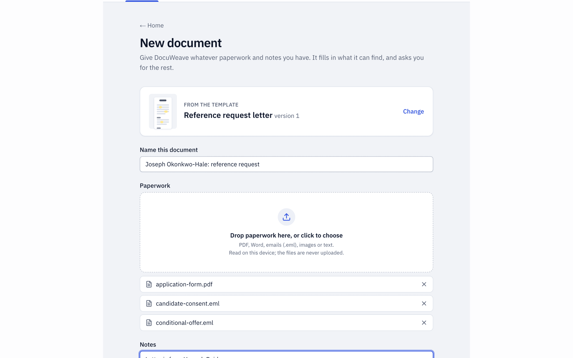 An application form, the conditional offer and the candidate's consent email, plus a typed note