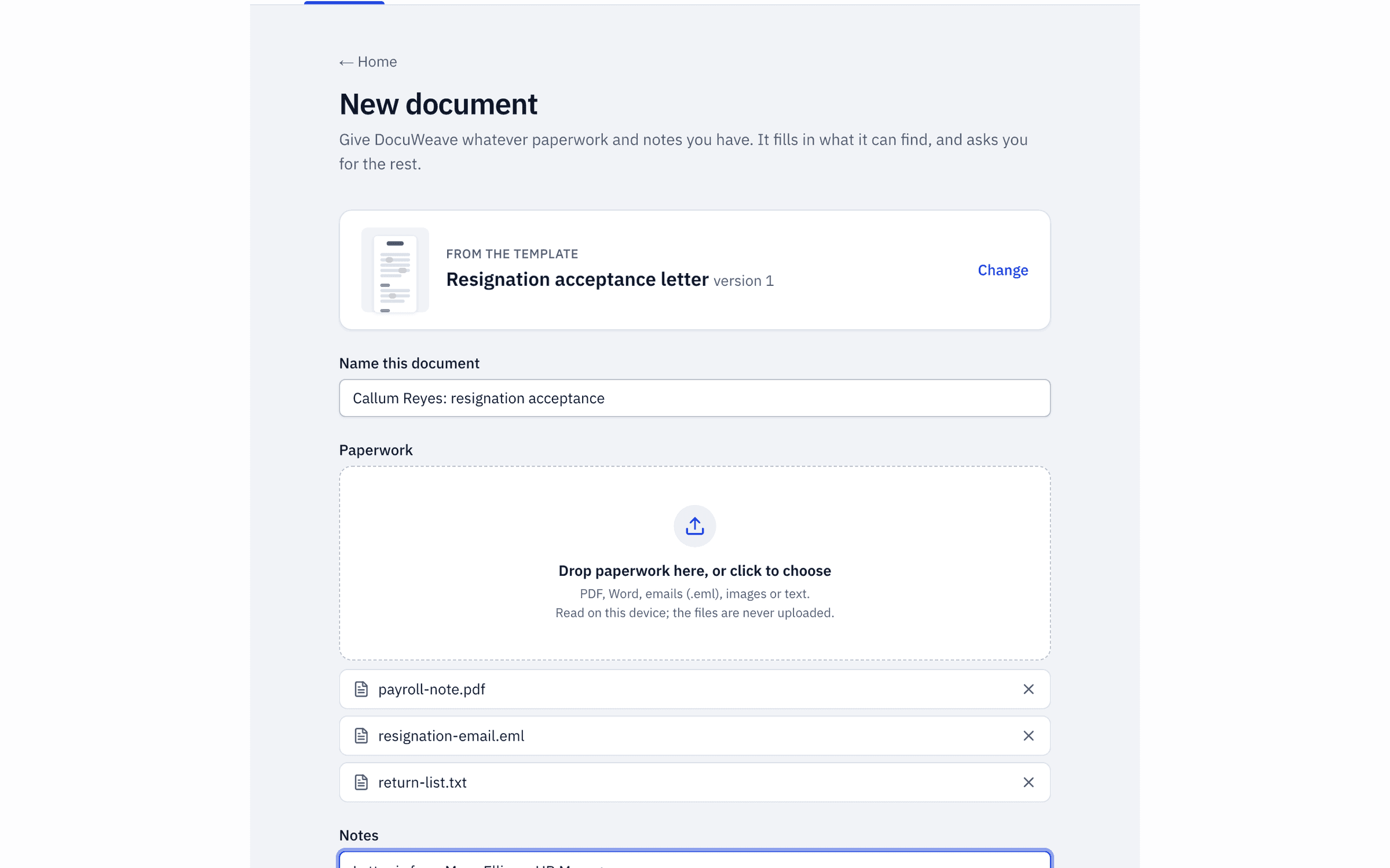The resignation email, payroll's final pay note and the return-of-property list, plus a typed note