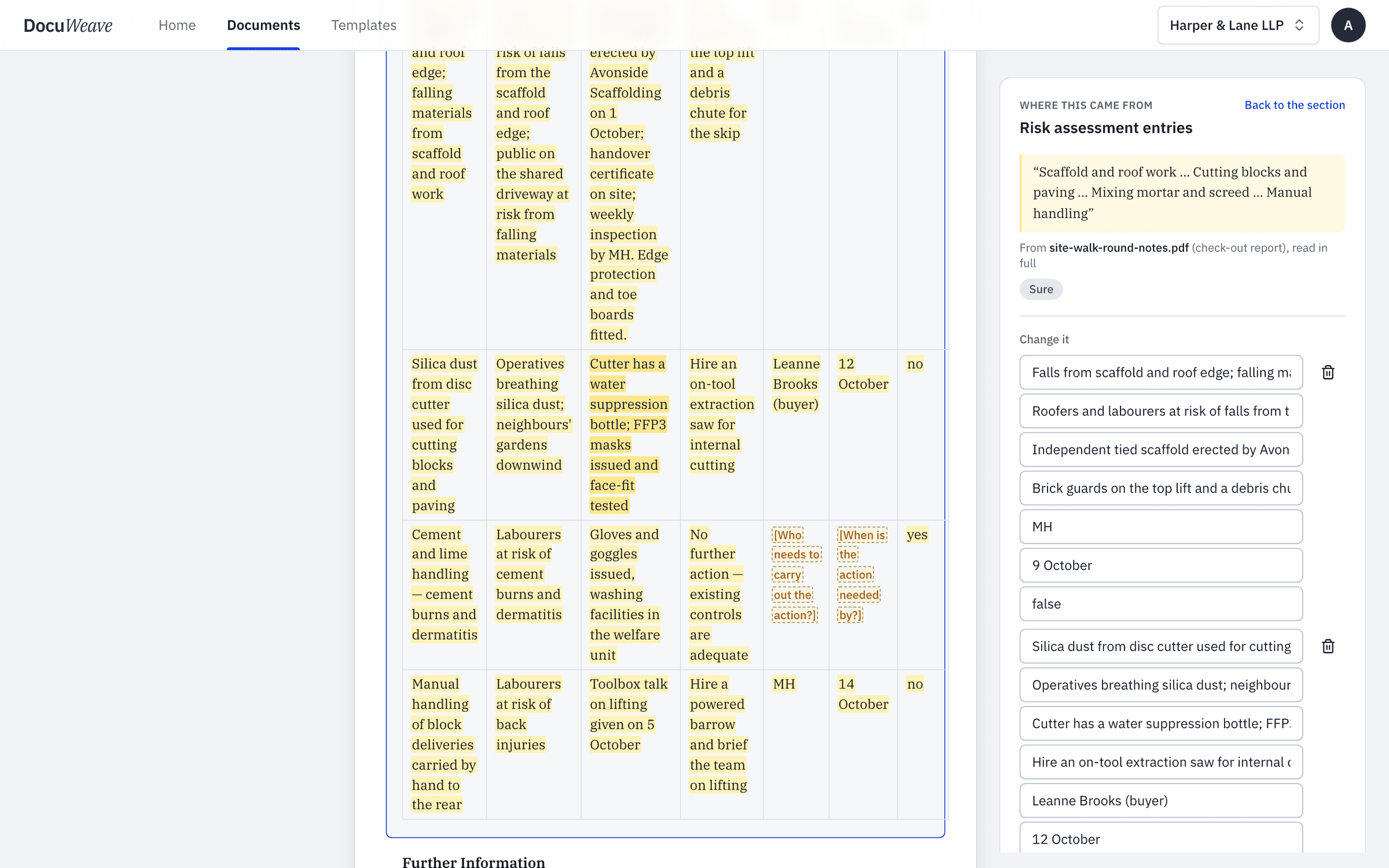 The hazard table filled with four rows, with the walk-round notes they came from