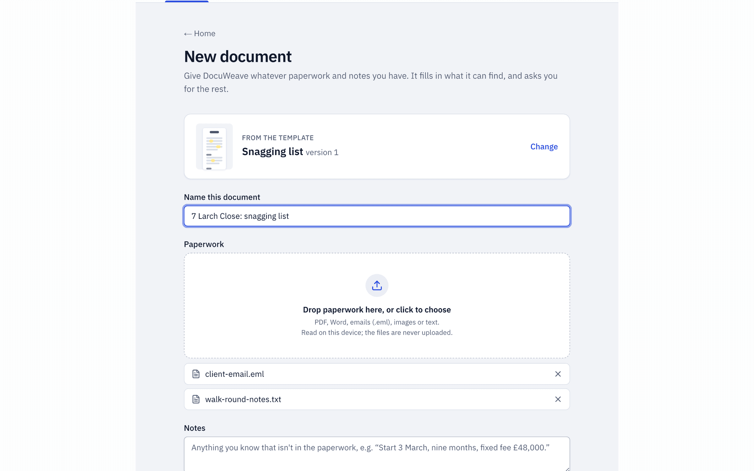 Walk-round notes and the client's email added to a new document