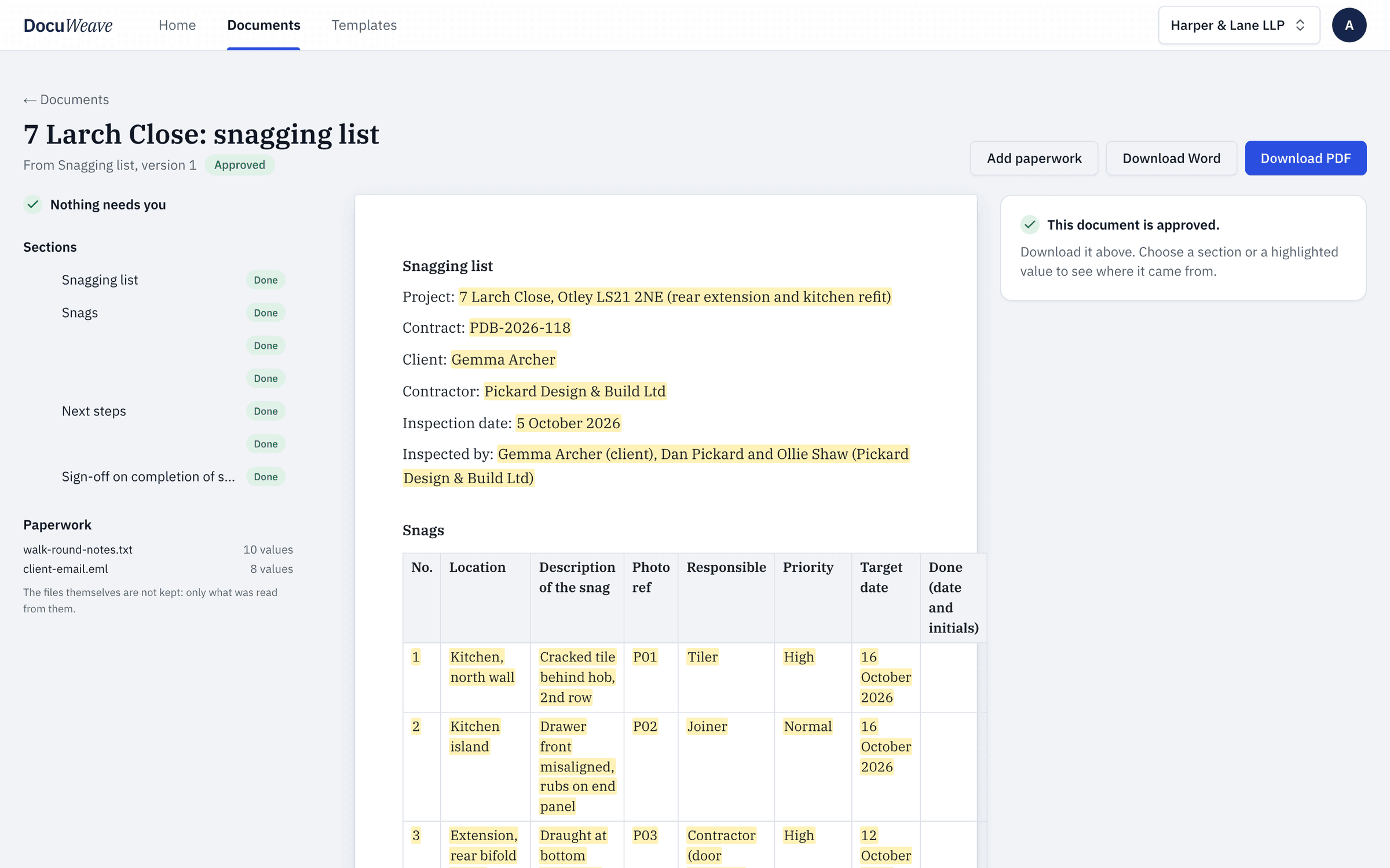The approved snagging list with Word and PDF downloads