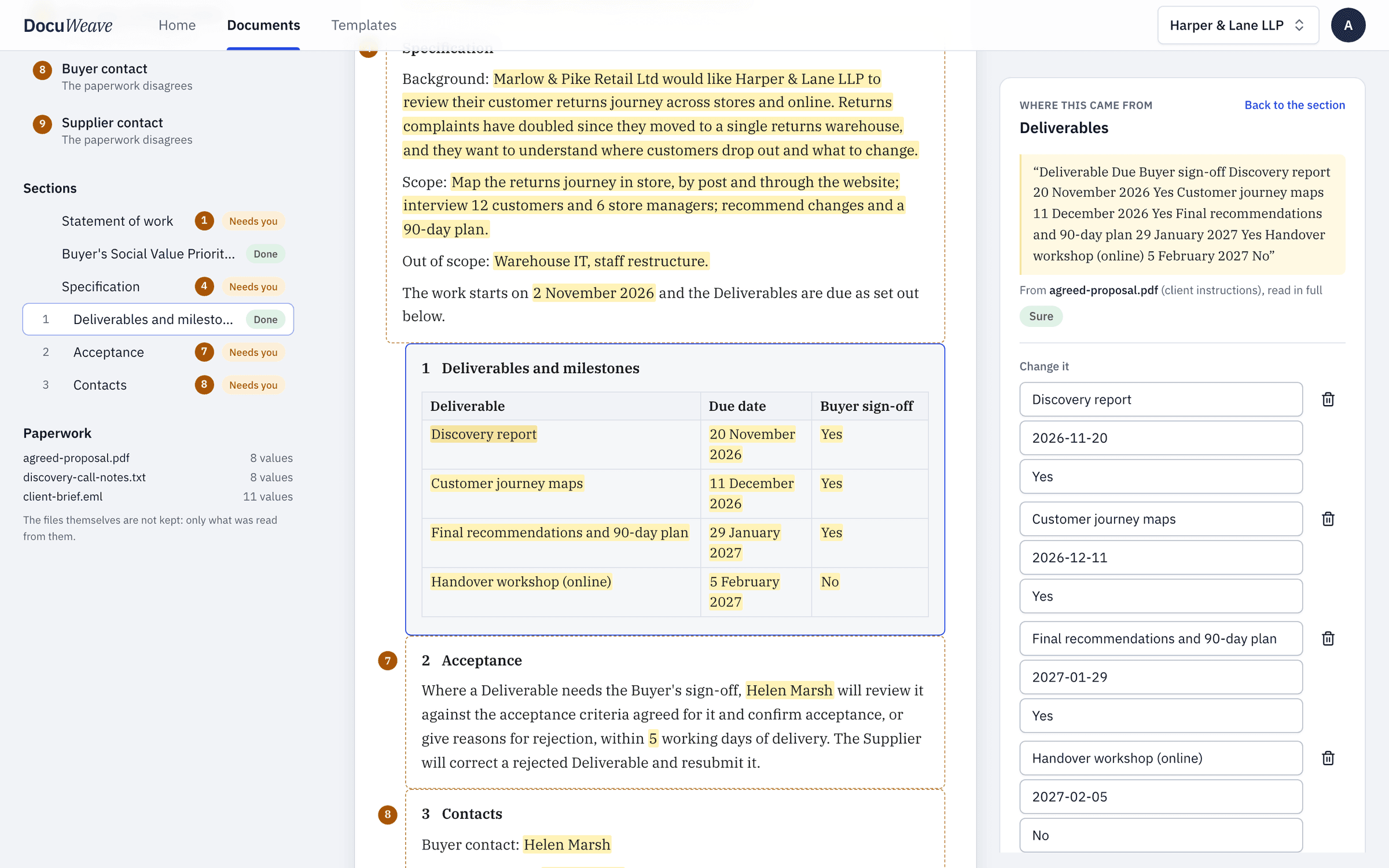 The deliverables table with the proposal passage it came from