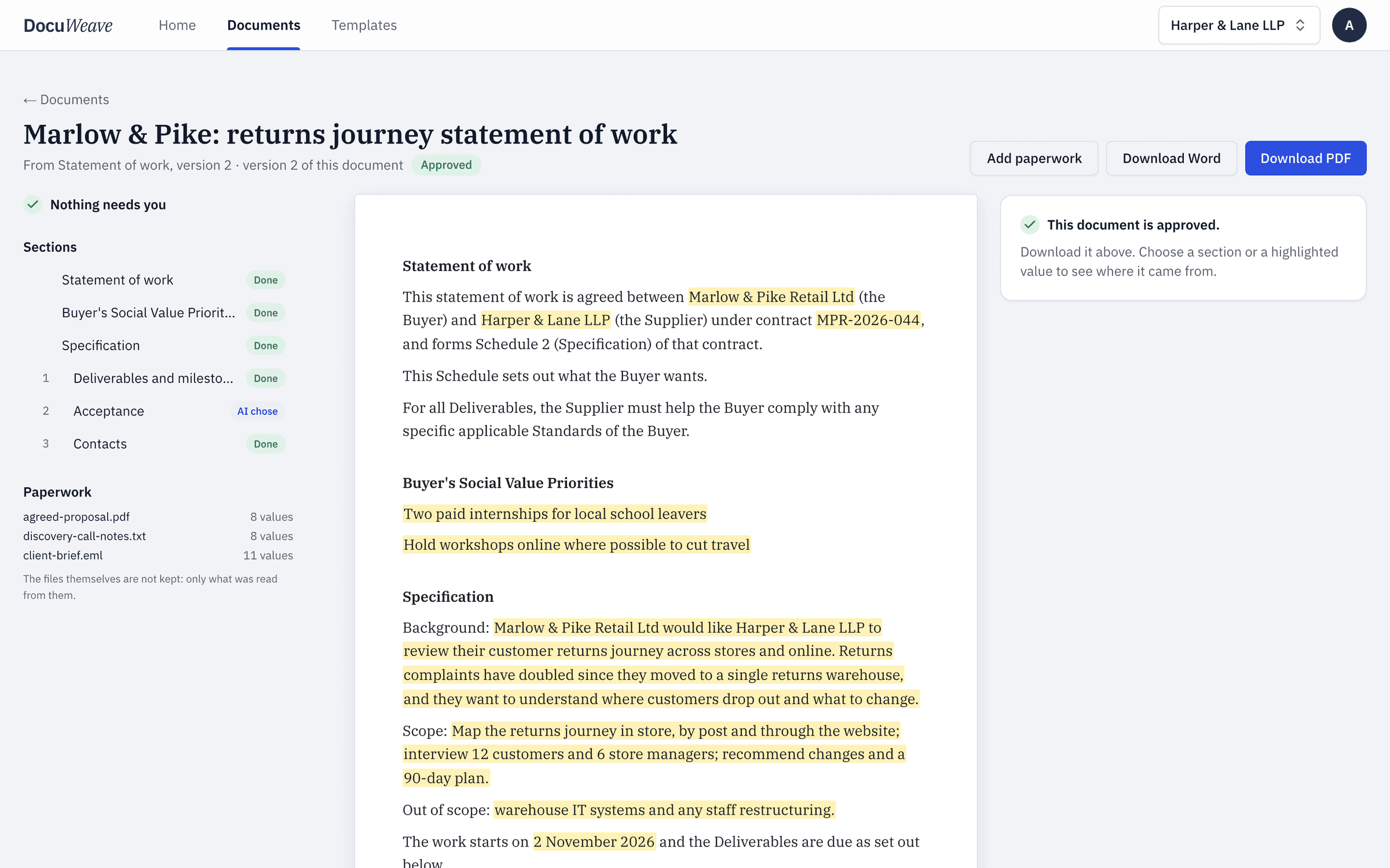 The approved statement of work with Word and PDF downloads