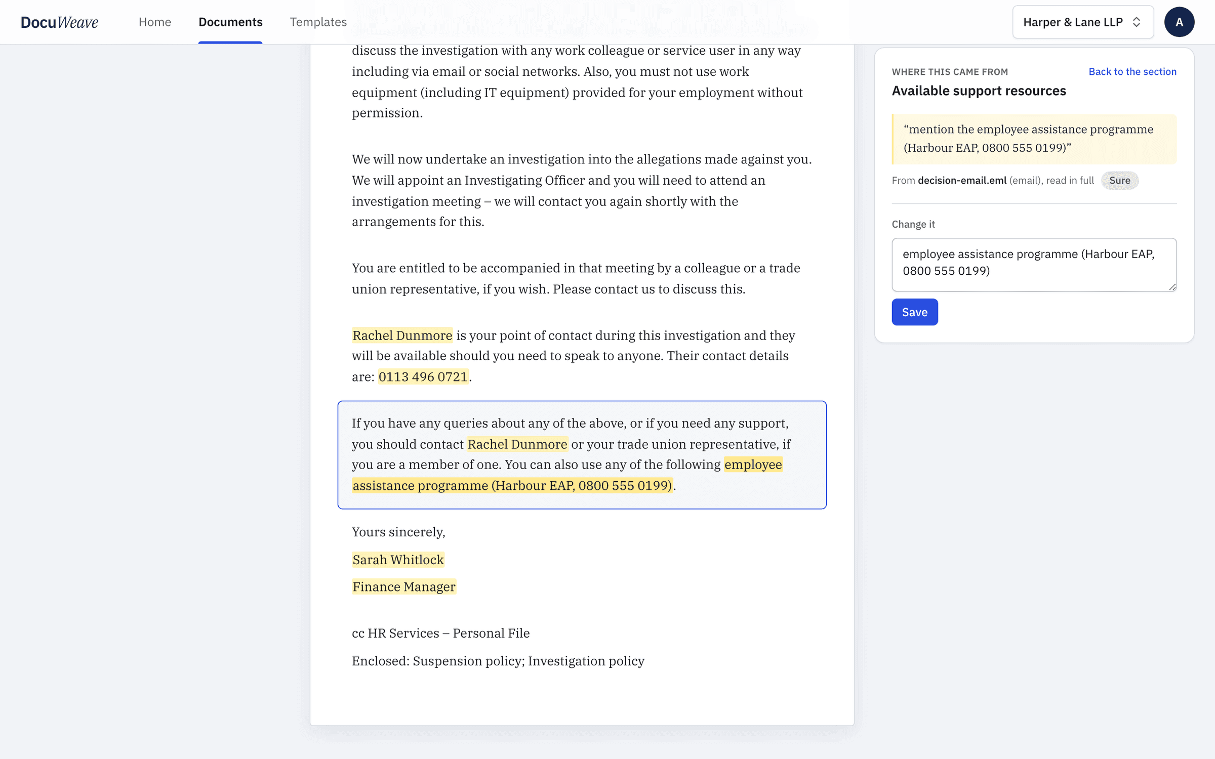 The support line with the email passage it came from