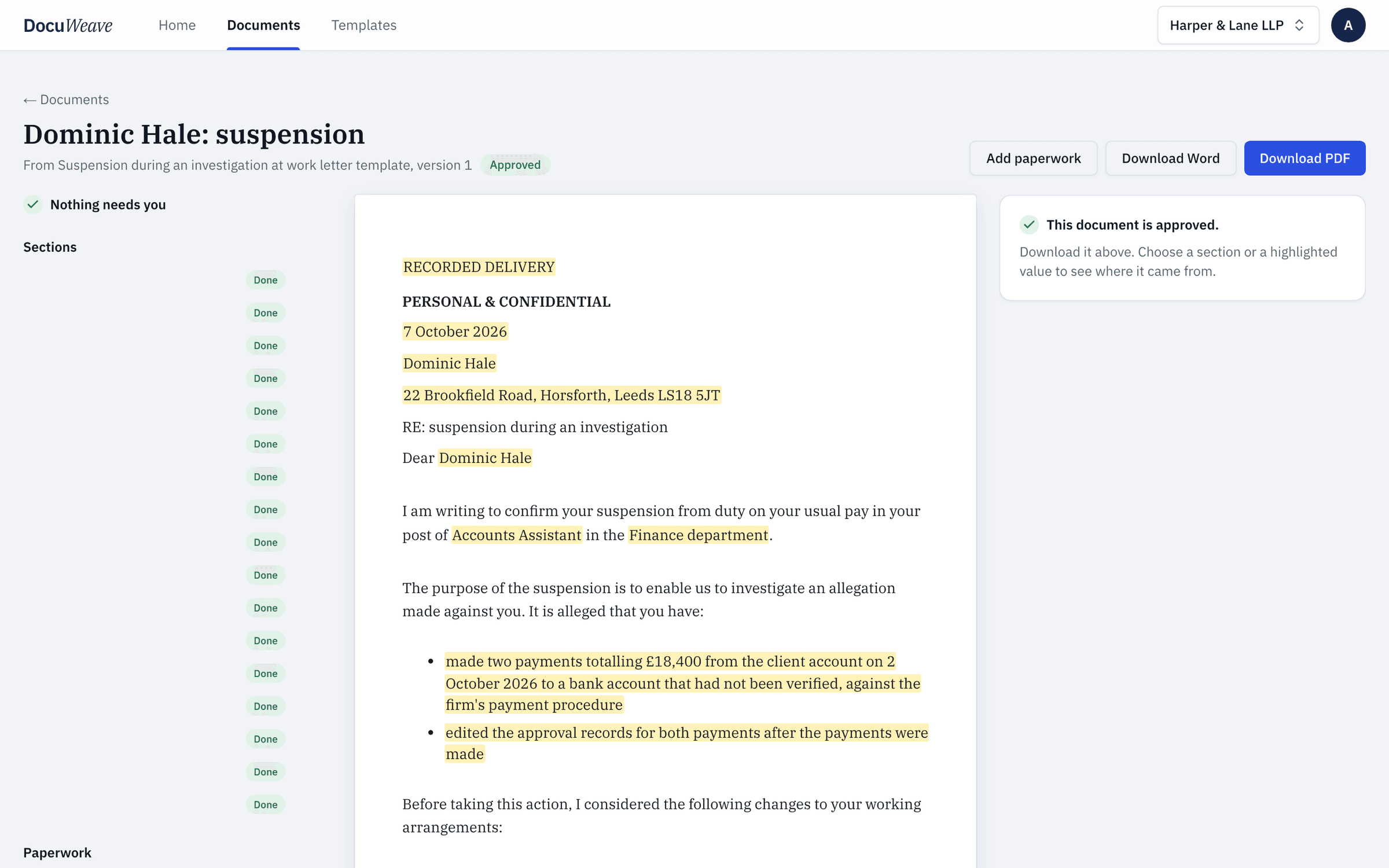 The approved suspension letter with Word and PDF downloads