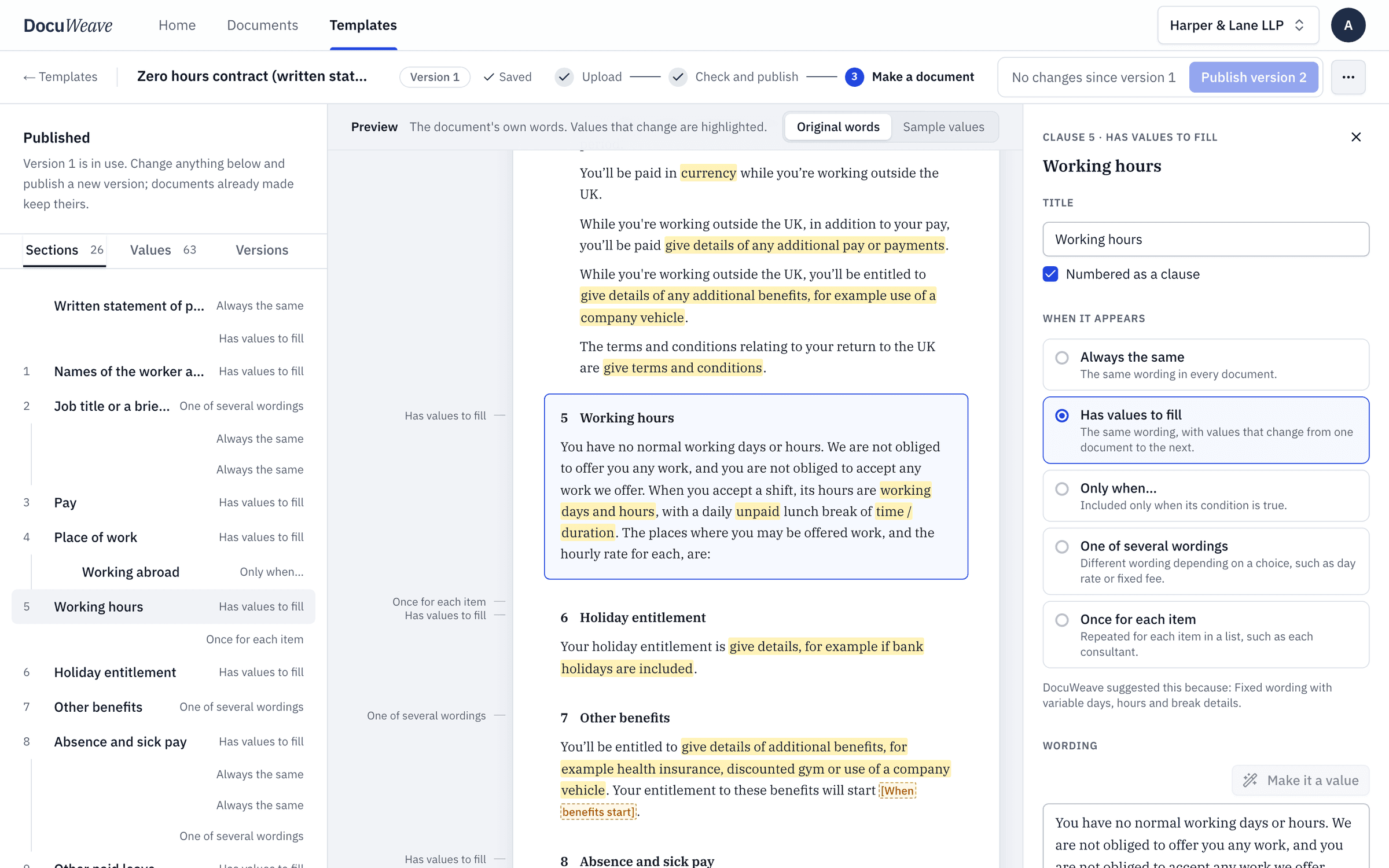 The template's working hours section with the no-obligation wording and a line per place of work
