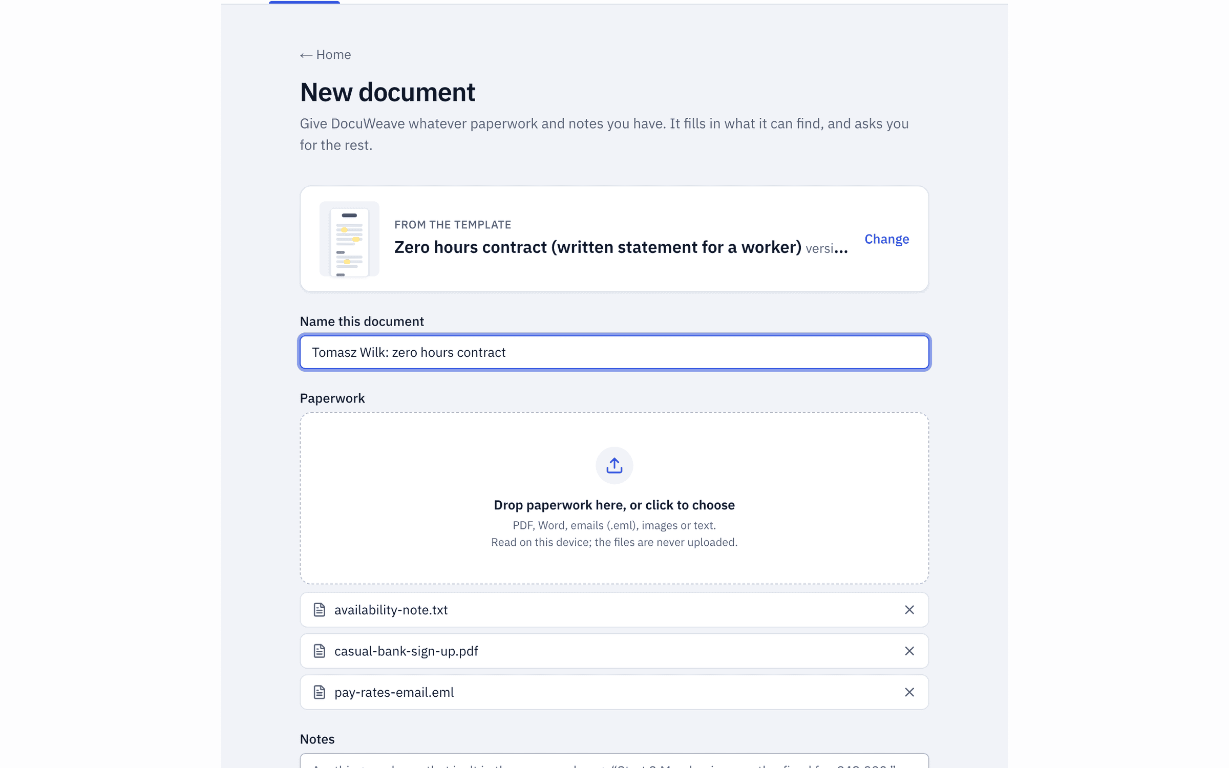 A sign-up form, a rates email and an availability note added to a new document