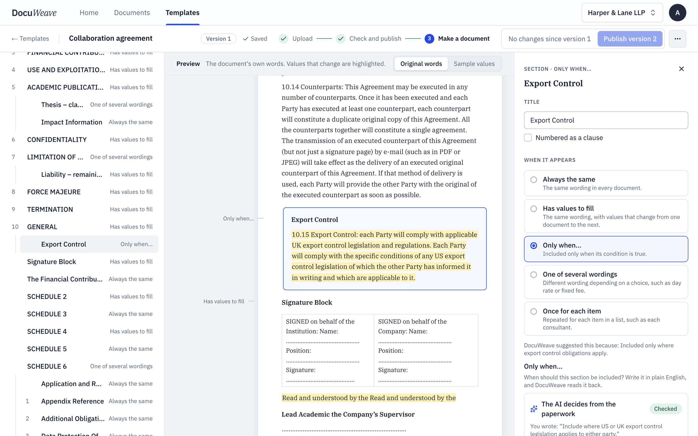 The template, with the export control clause left to the AI to decide
