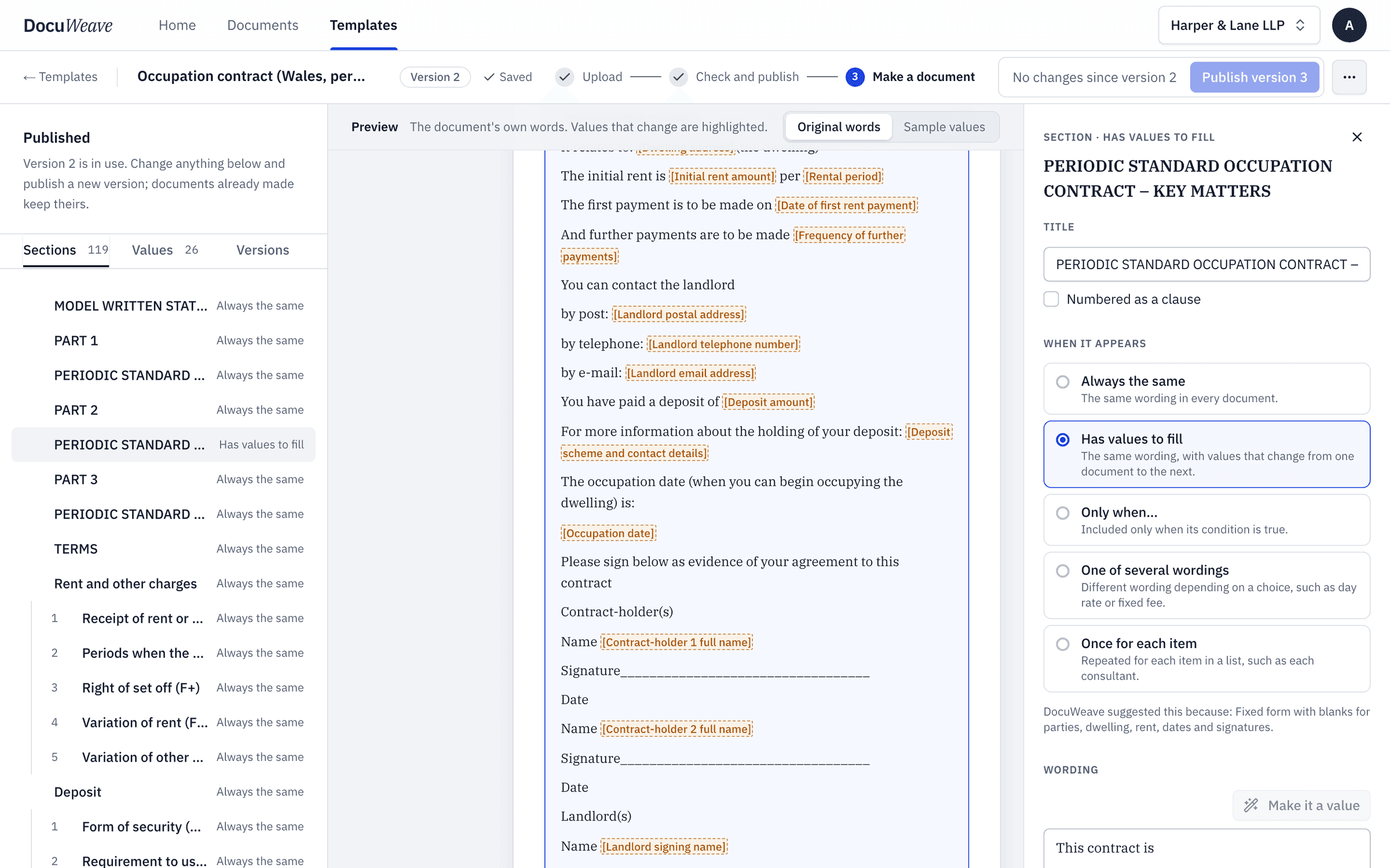 The key matters section of the template, with the details to fill each time