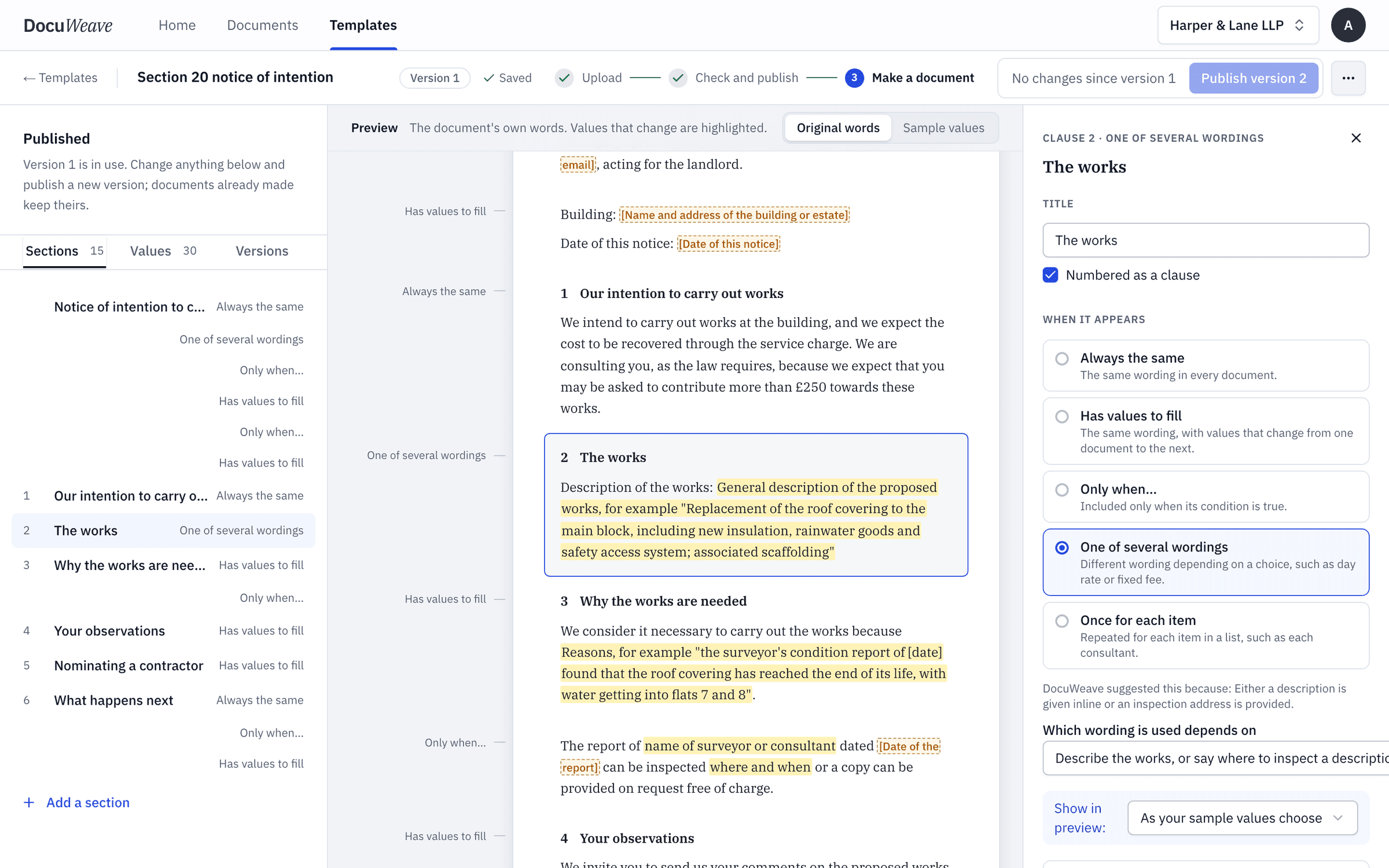 The template, with the works as a choice of a description or where to inspect one