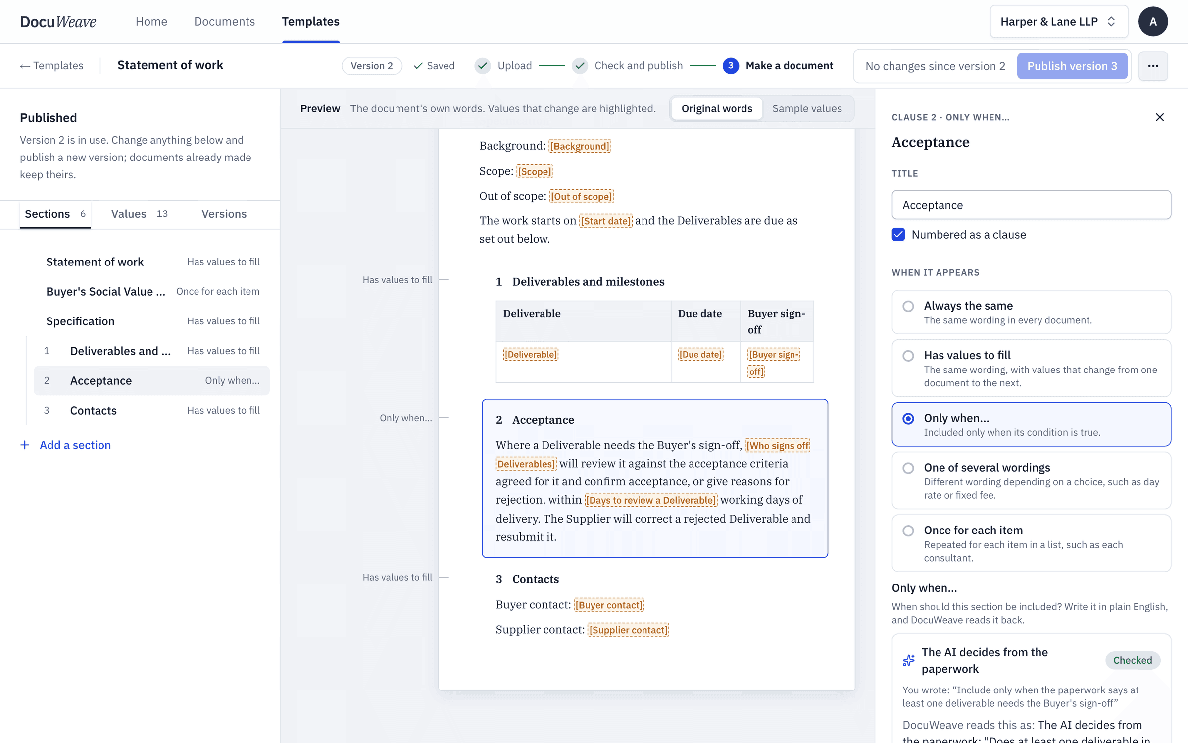 The template with a deliverables table and an acceptance clause that appears only when needed